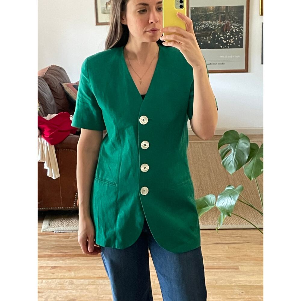 Vintage Linen Short Sleeve Blazer Jacket Green Button Front